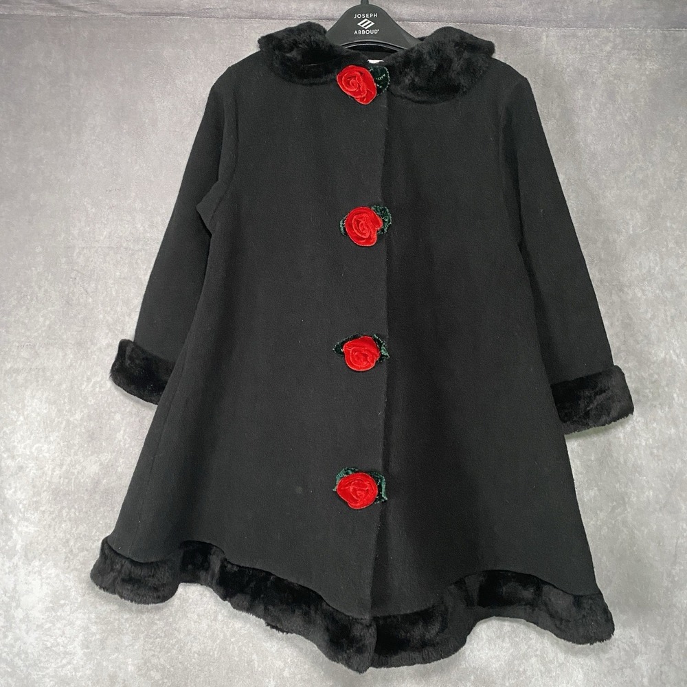 Good Lad‎ Girls Black Fleece Holiday Pea coat Black Faux Fur Rose Accents Sz 5